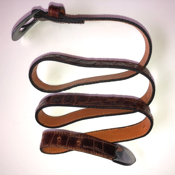 πHPπ JOAN & DAVID Brown Leather Croc Embossed Belt Silver Buckle + Tip Vintage - Picture 7 of 15